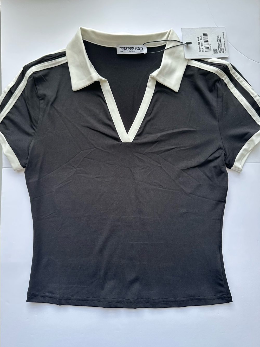 Princess Polly Black Short-Sleeve V-Neck Polo Top with White Trim